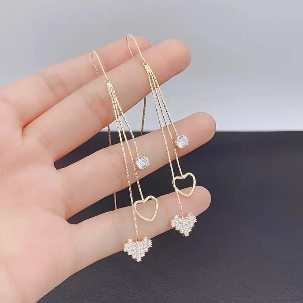 NEW Gold Long Tassel Dangle Earrings with Hearts – Elegant & Trendy Jewelry